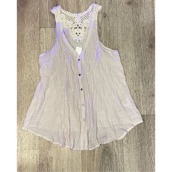 Mystree Cream Sheer Tank Boutique New Button Up Small - Picture 1 of 4